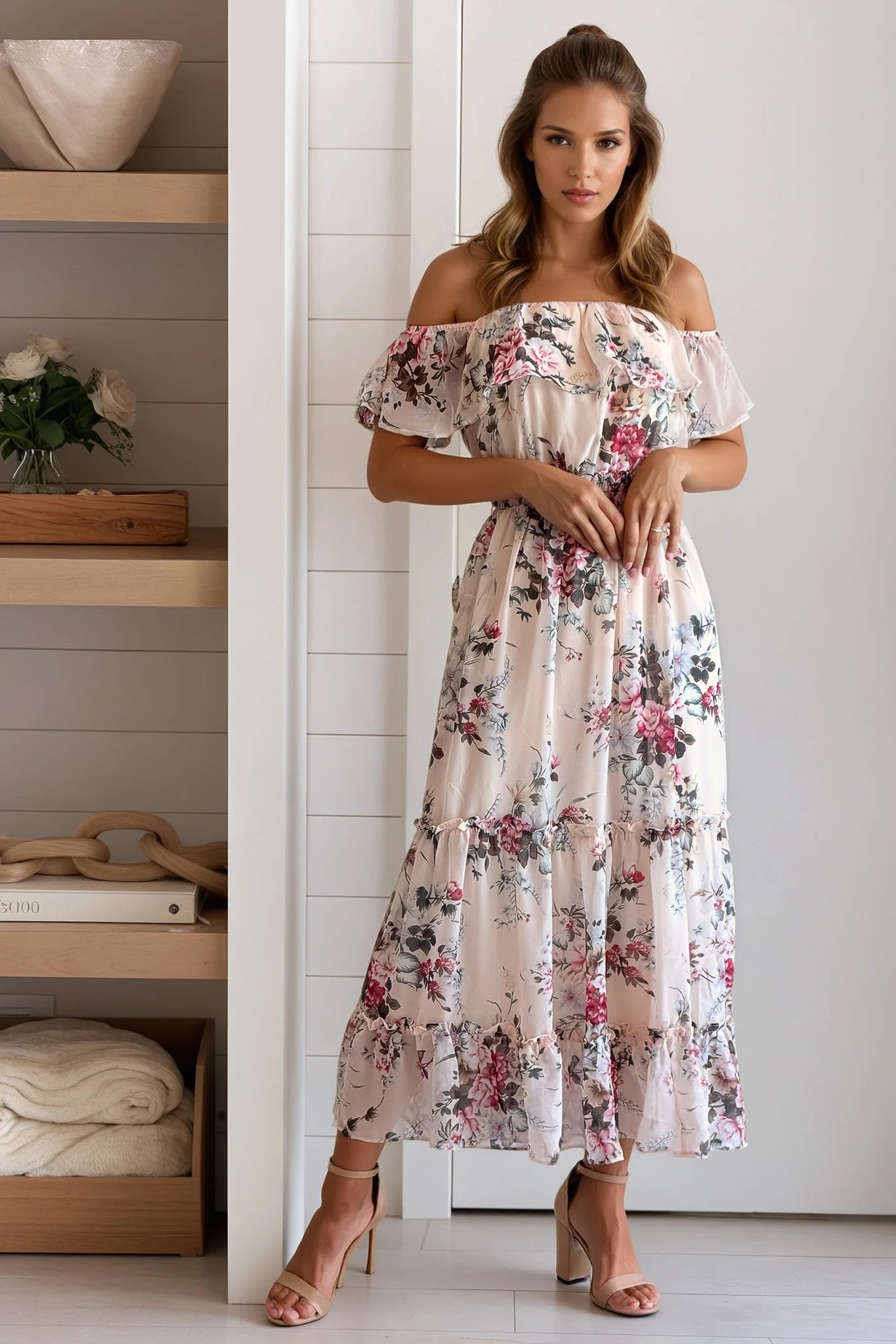 Pink Floral Off Shoulder Midi Dress