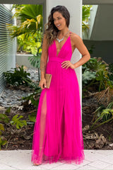 Fuchsia Tulle V Neck Maxi Dress With Slits