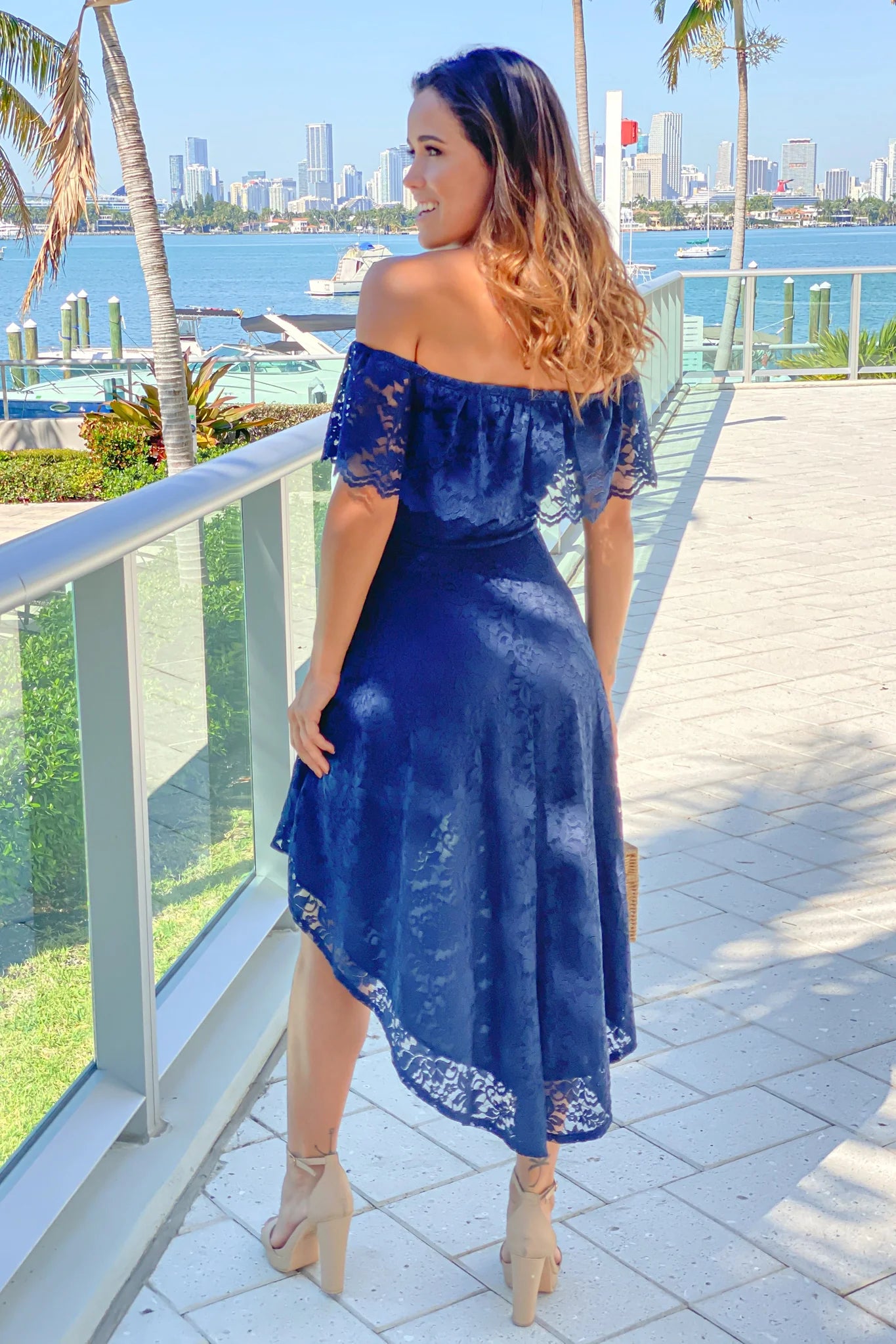 Navy Lace Off Shoulder High Low Dress