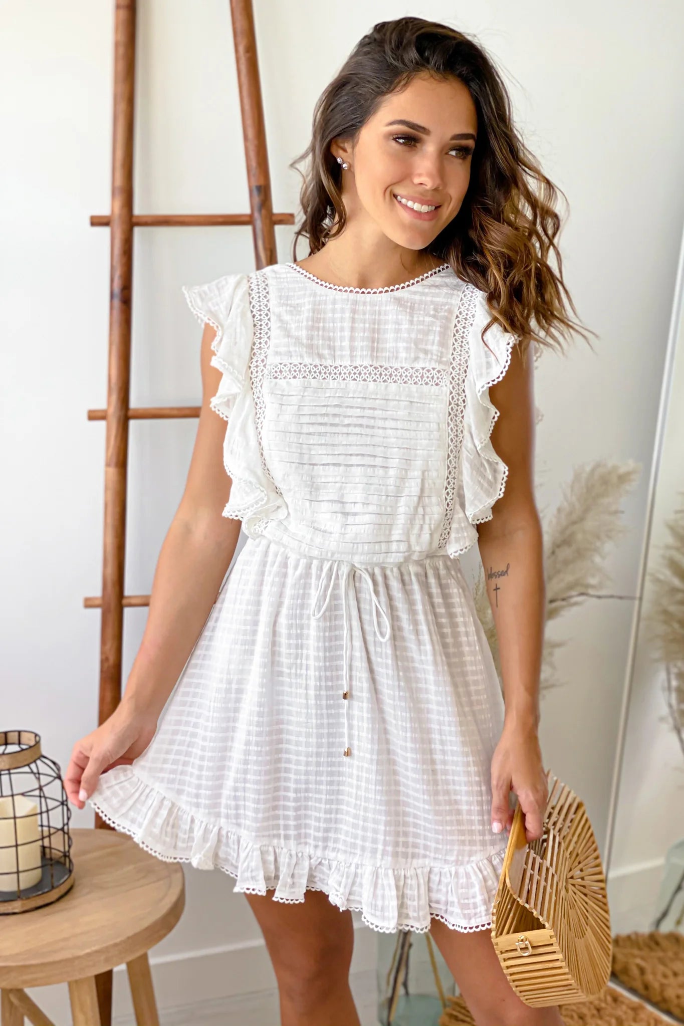 White Ruffled Short Dress with Lace Trim