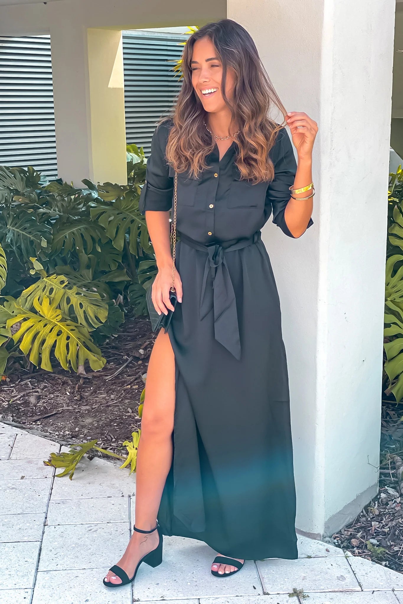 Black Button Down Satin Shirt Long Dress