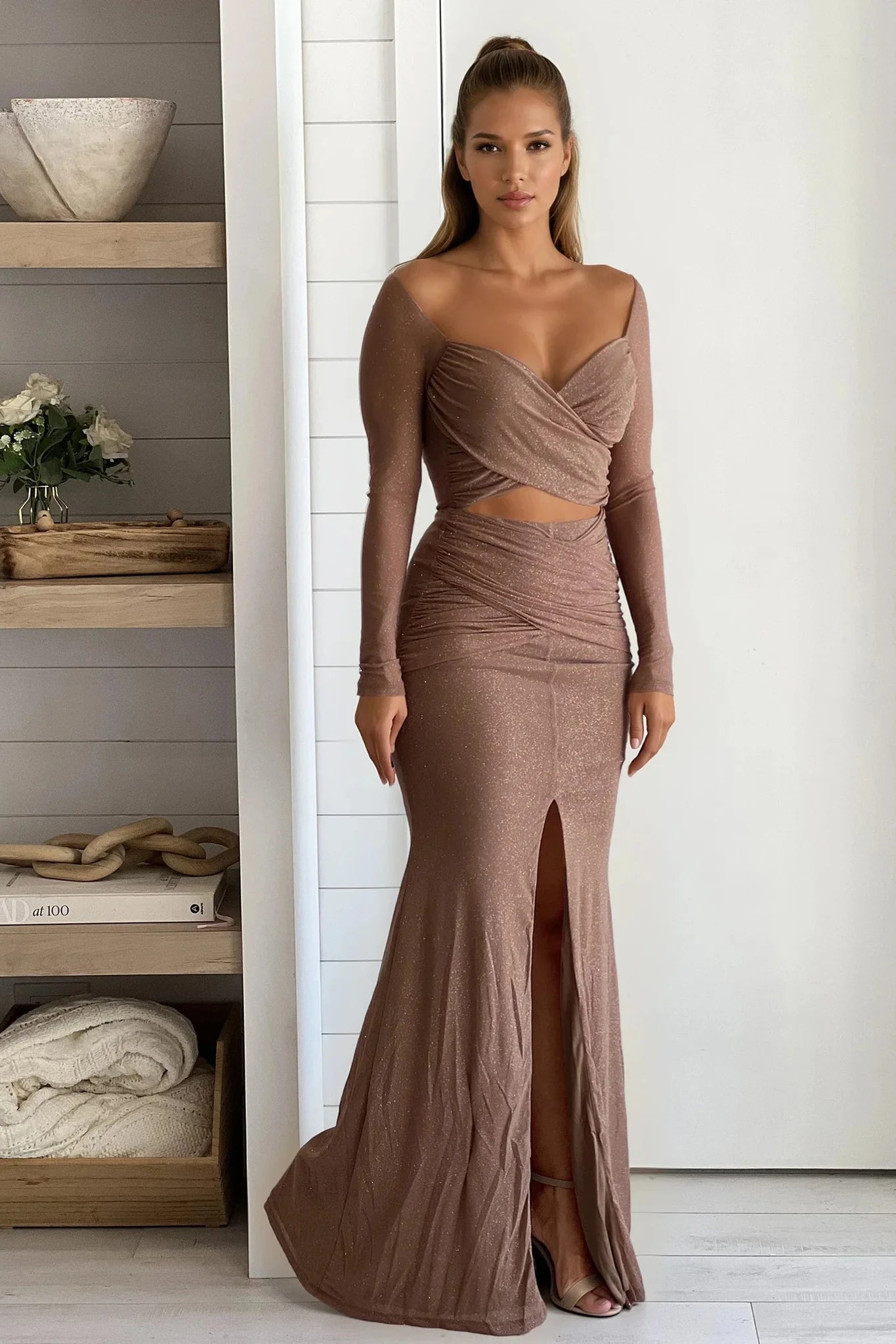 Mocha Glitter Maxi Dress With Cut Out Top