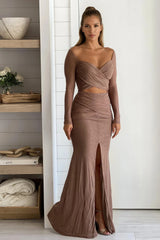Mocha Glitter Maxi Dress With Cut Out Top
