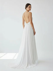 A Line V Neck Straps Spaghetti Sheath Chiffon Wedding Dress