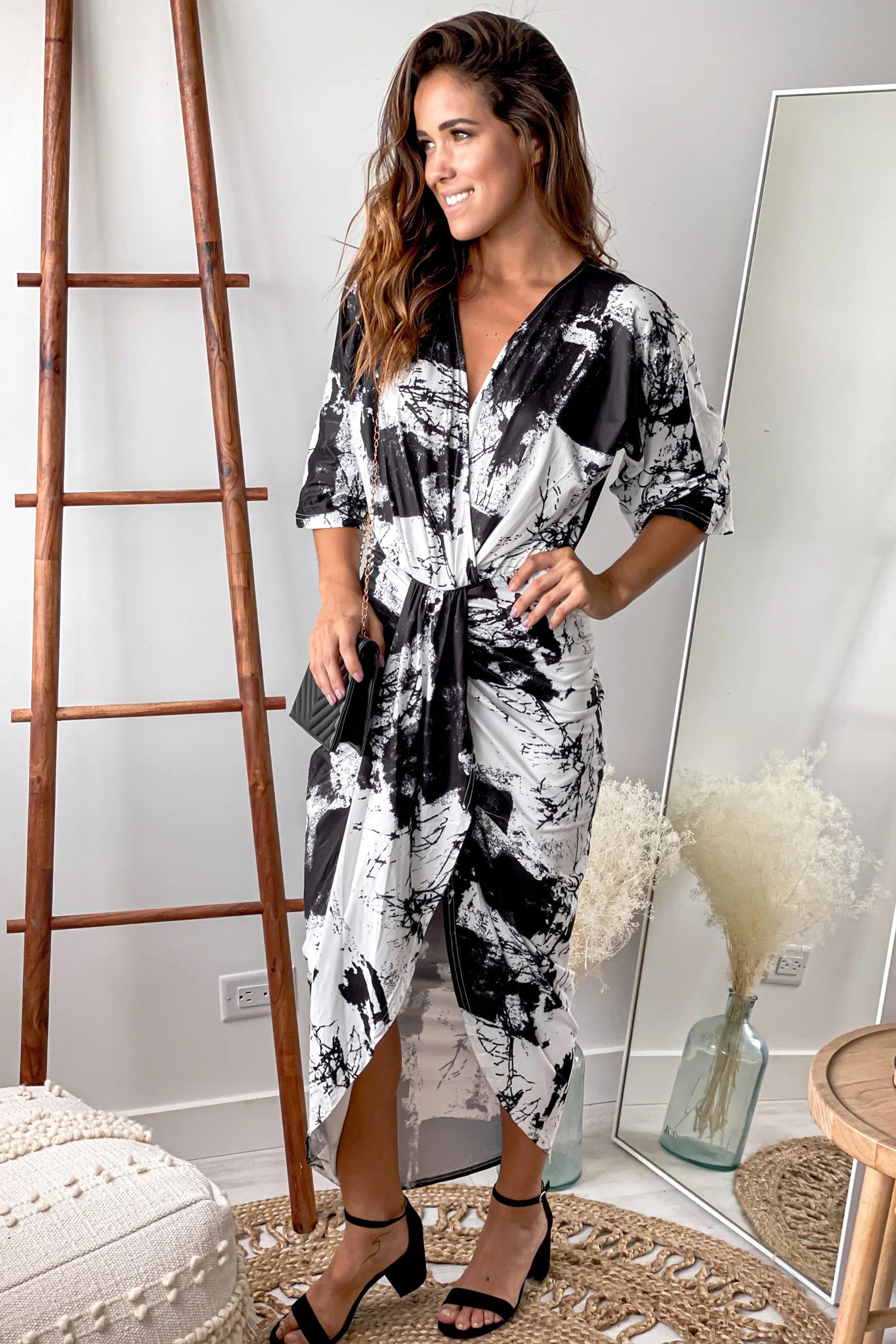 Black Printed Asymmetrical Ruched Dress