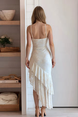 Ivory Floral Asymmetrical Ruffle Hem Dress