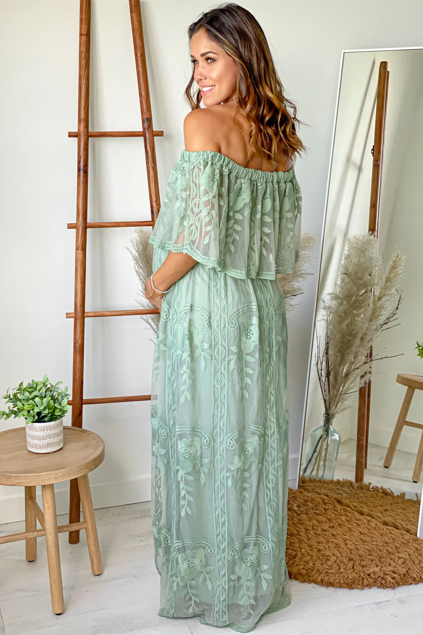 Sage Lace Off Shoulder Maternity Maxi Dress