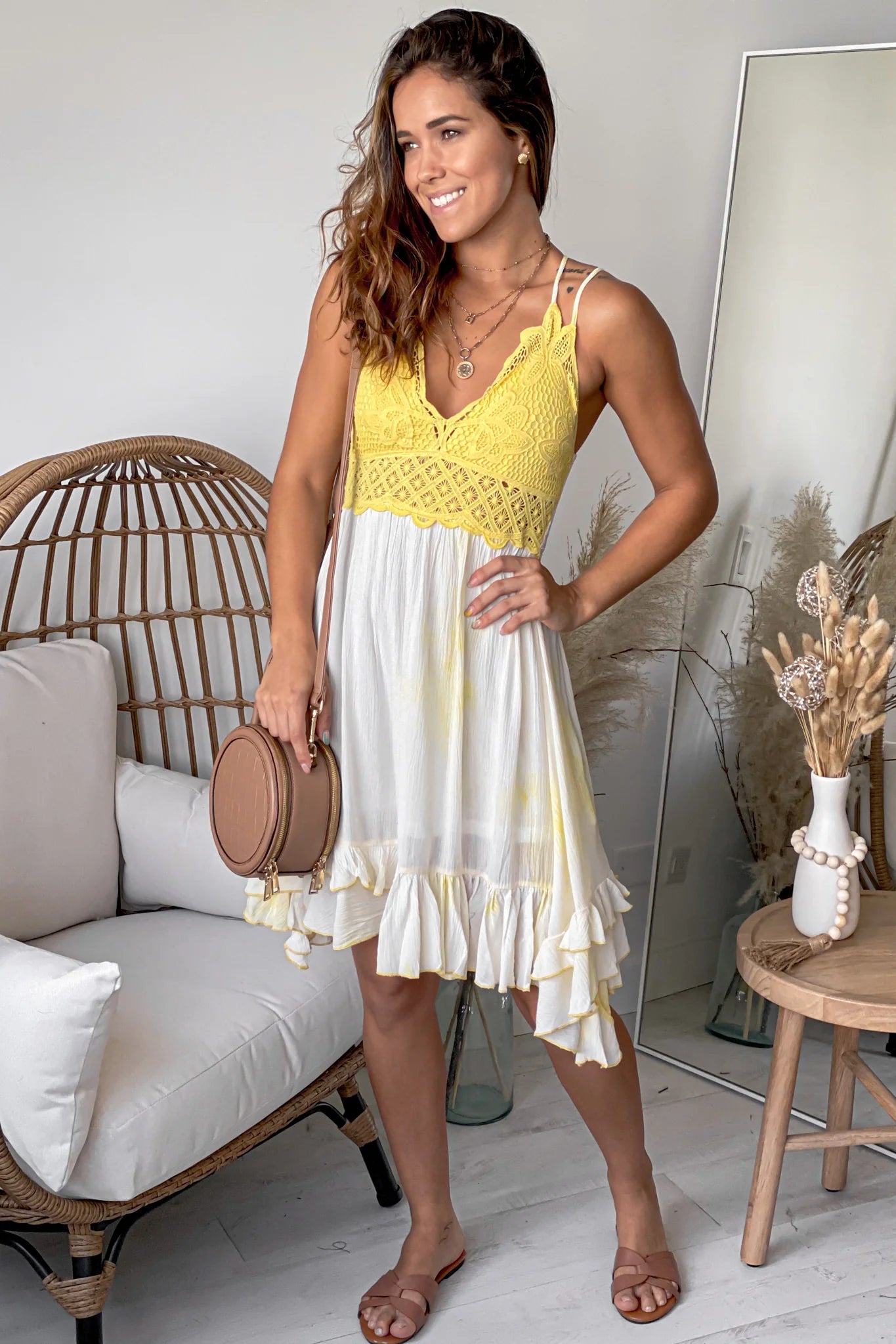 Yellow Tie Dye Short Dress with Crochet Top
