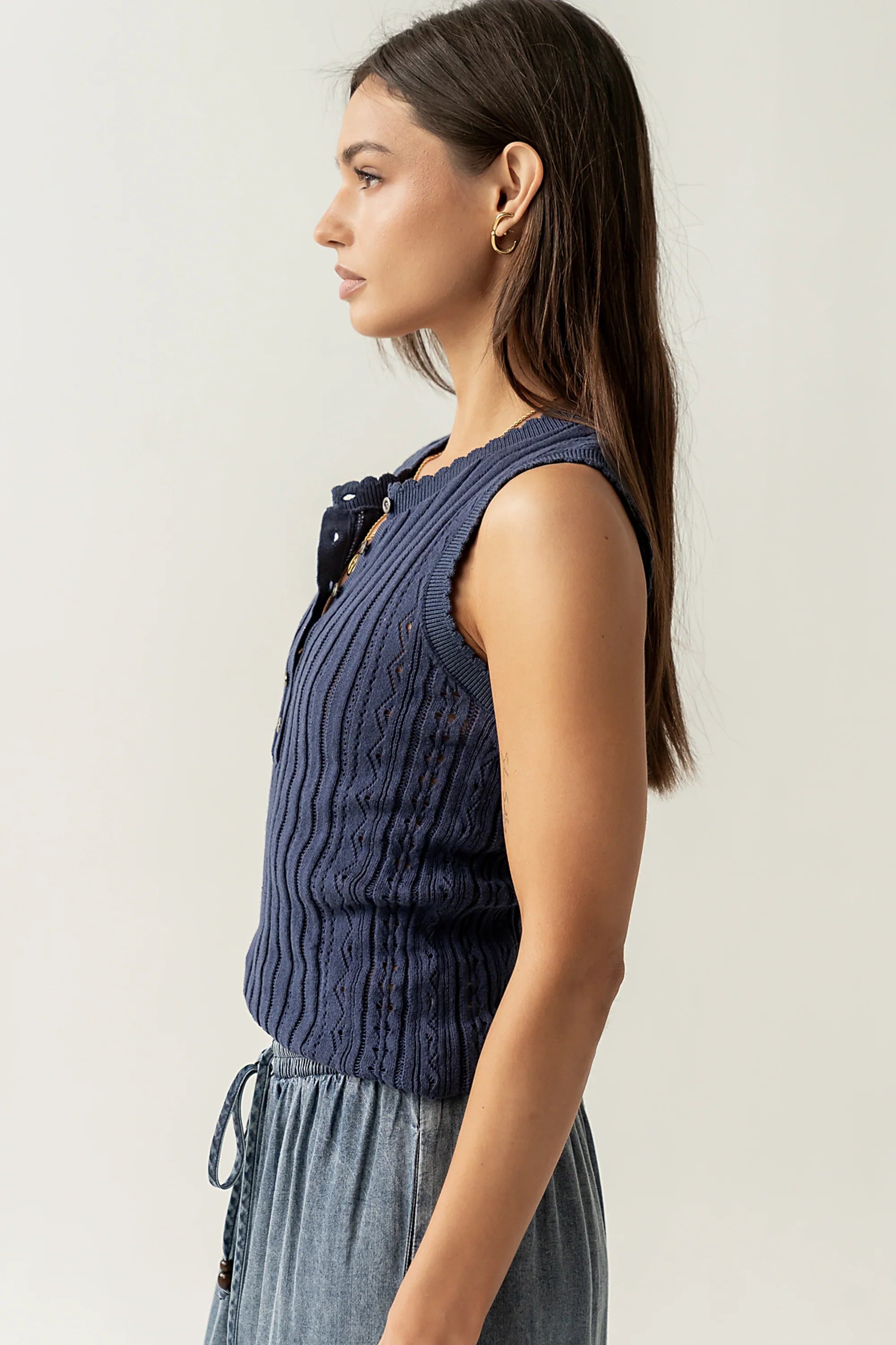 Lina Pointelle Knit Tank in Navy