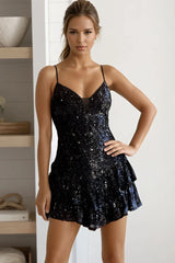 Black Sequin Flare Mini Dress