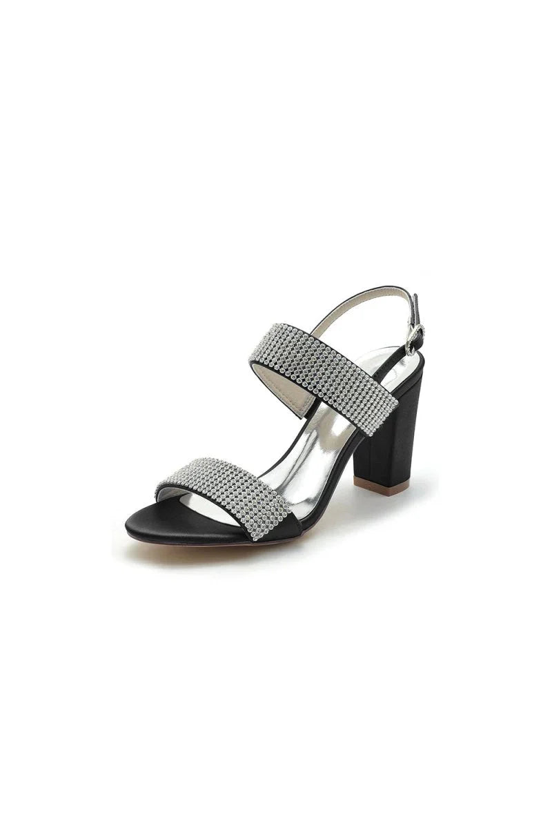 Open Toe Beaded Buckle Satin Chunky Heels