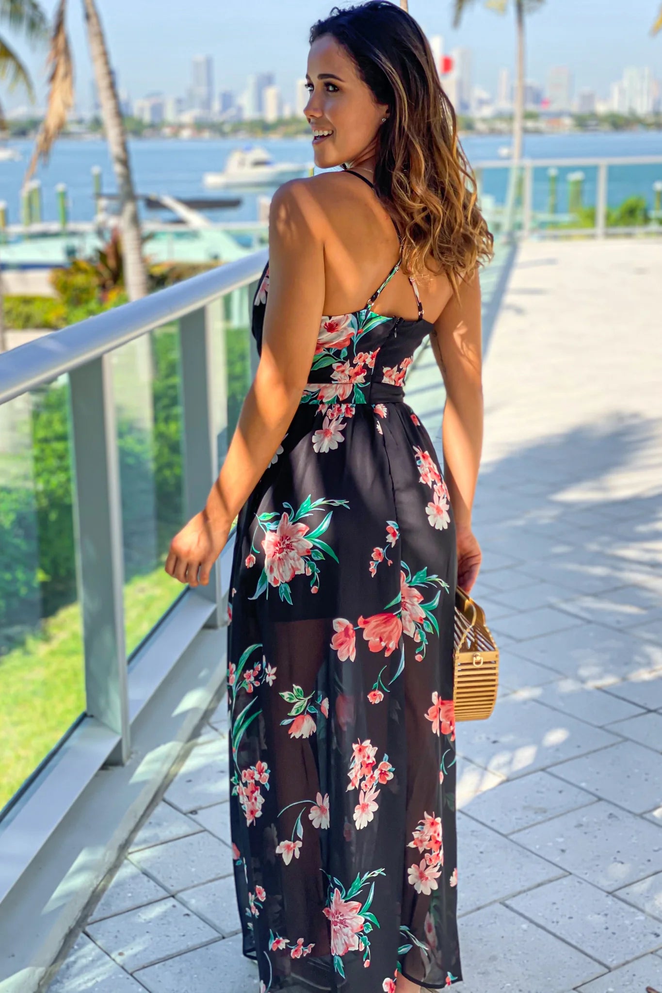 Black Floral Maxi Dress With Slit
