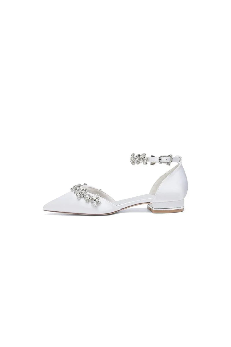 Pointed Toe Rhinestone Beaded Ankle Strap Kitten Heels