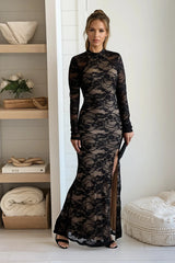 Black And Nude Lace Mock Neck Backless Maxi Dress