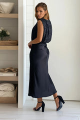 Black Sequined Top Satin Midi Dress