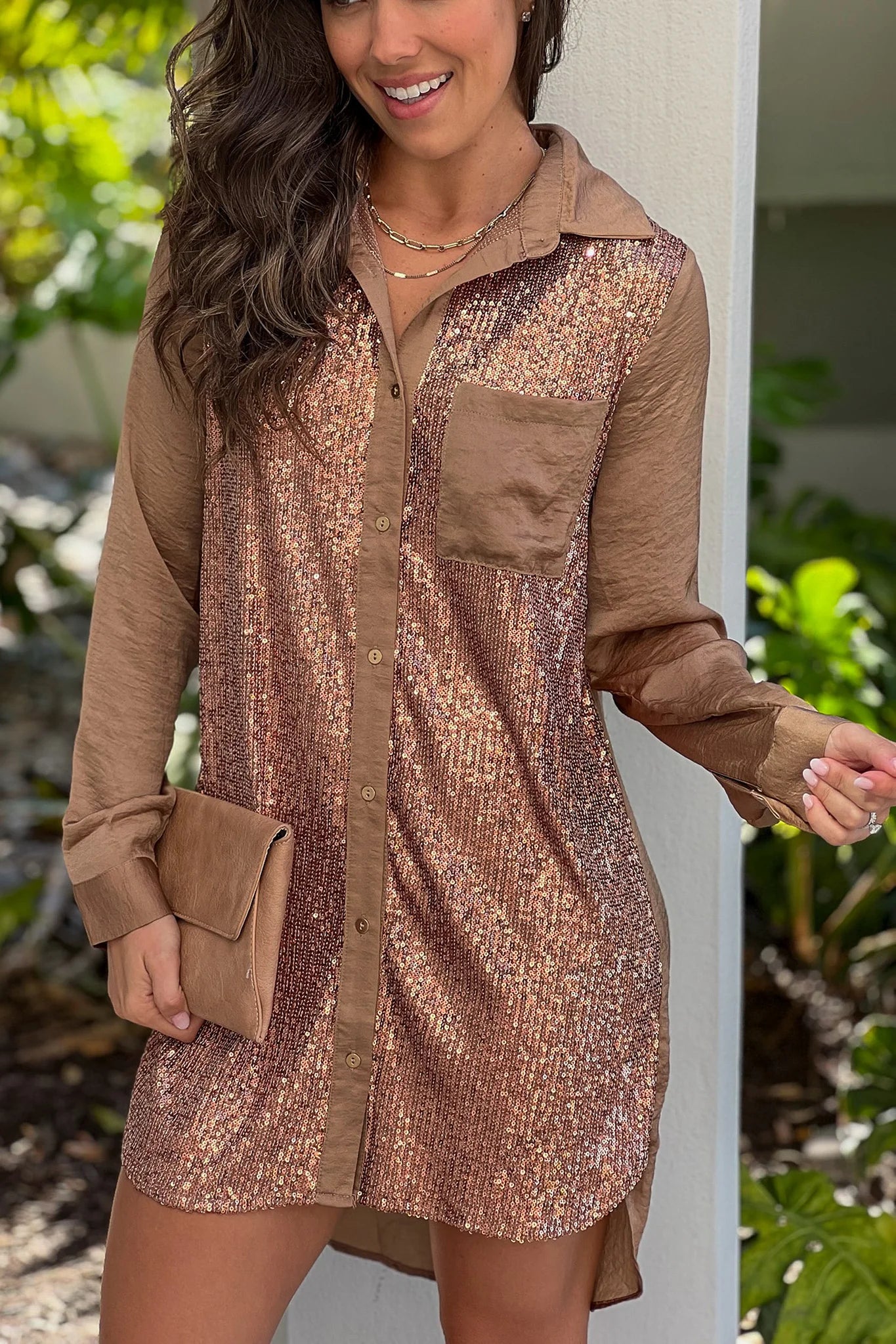 Latte Button Down Sequin Shirt Dress