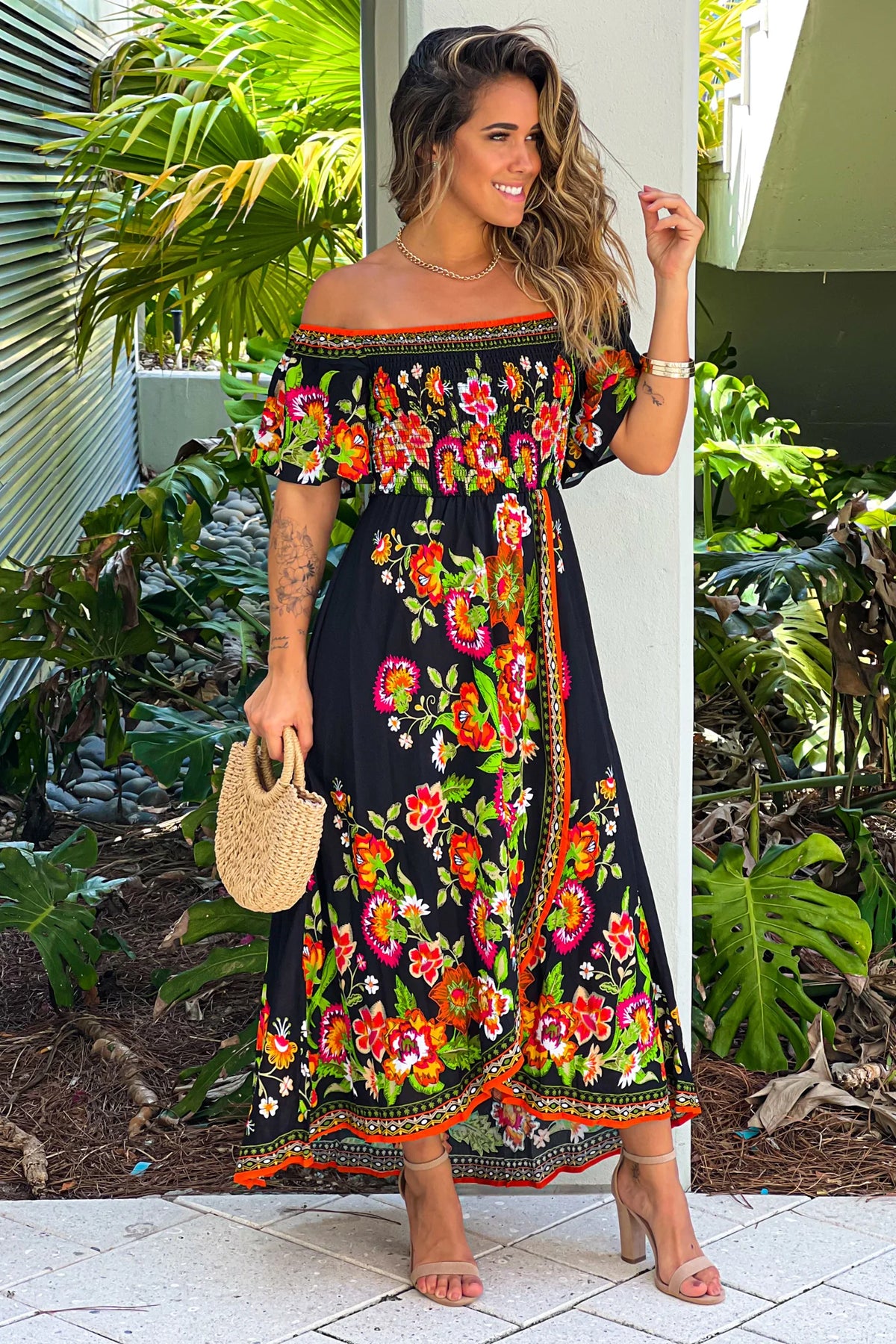 Black And Orange Printed Off Shoulder High Low Dress