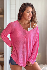 Neon Pink V Neck Knit Top With Long Sleeves