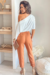 White And Camel One Shoulder Jumpsuit