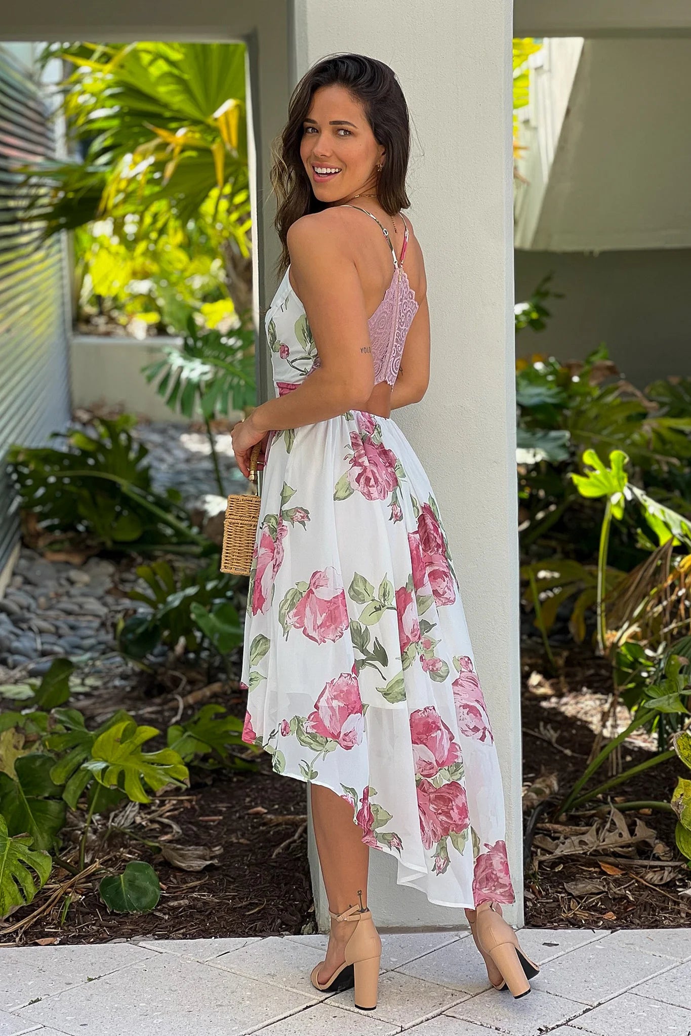 White And Pink Floral High Low Dress With Lace Back