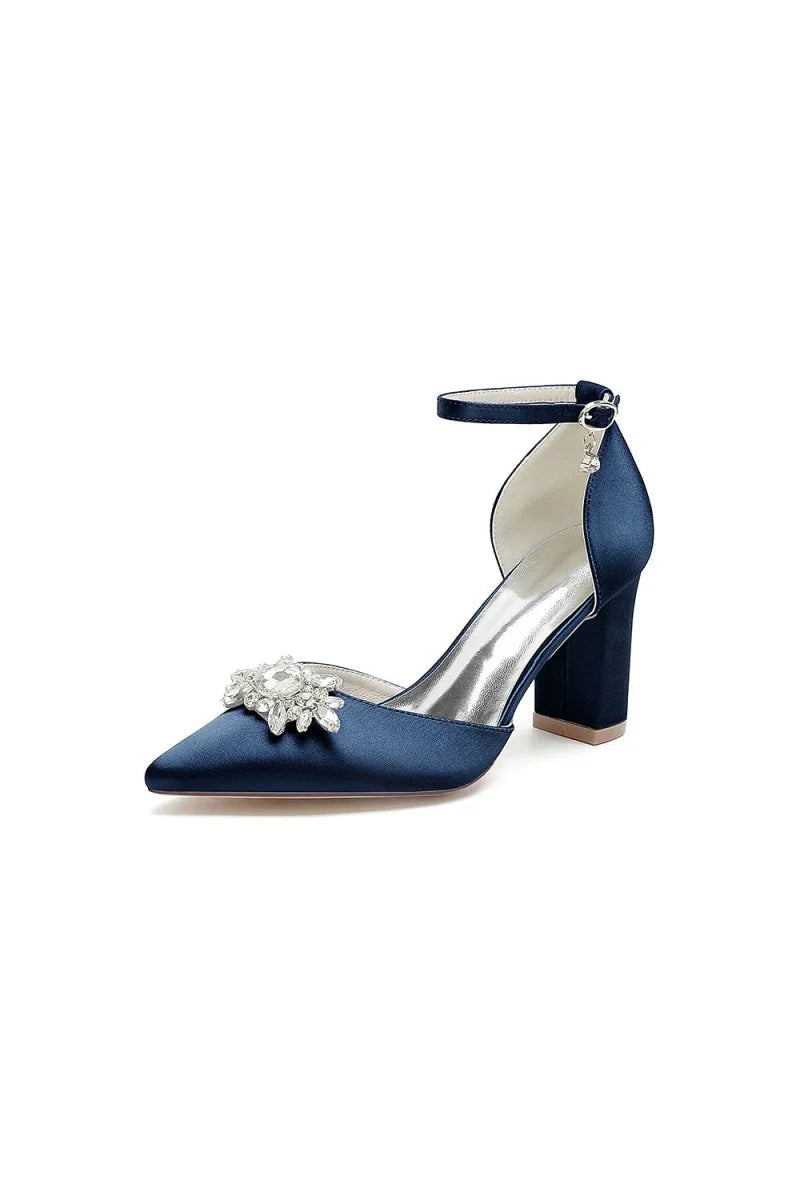 Pointed Toe Ankle Strap Chunky Heel With Rhinestone