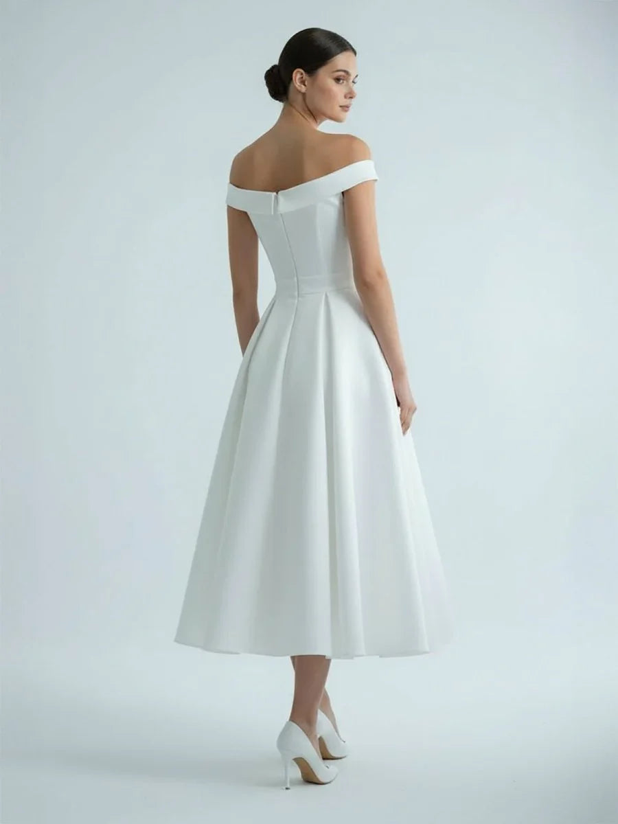 Sleeveless Tea Length Satin Wedding Dress With Sash And Off The Shoulder Neck