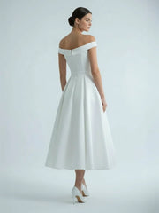 Sleeveless Tea Length Satin Wedding Dress With Sash And Off The Shoulder Neck