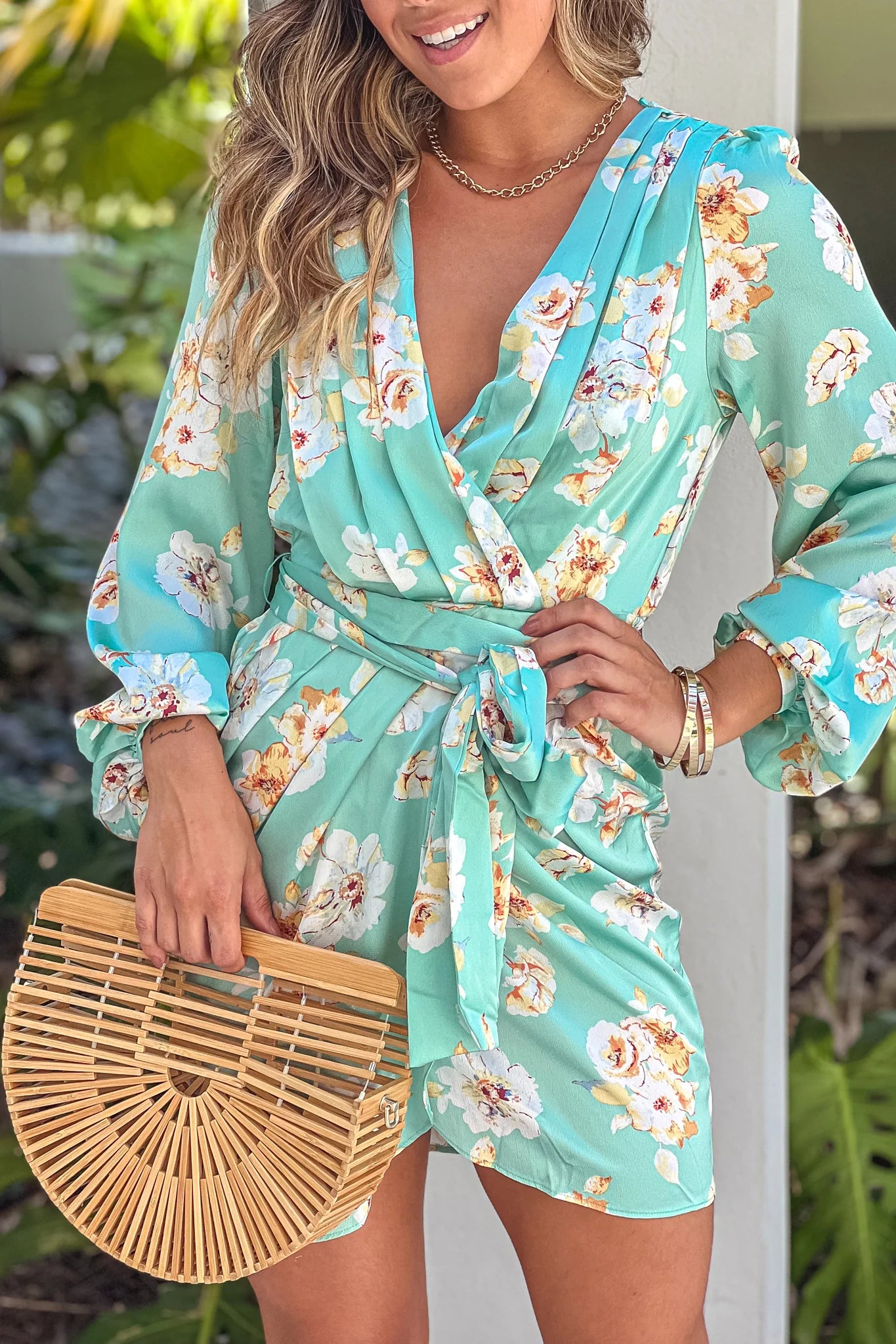Mint Floral Satin Wrap Detail Short Dress