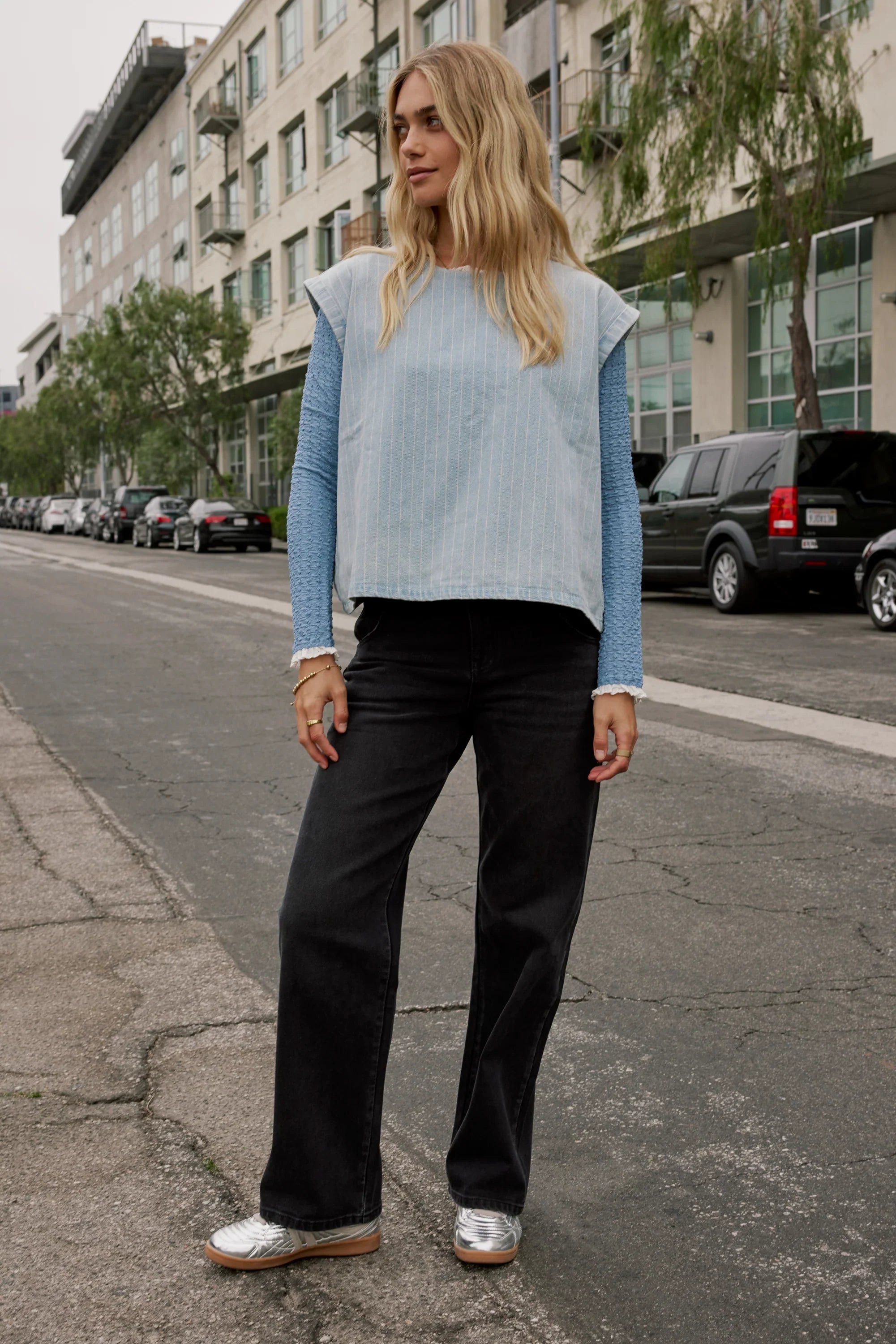 Sierra Lace Trim Blouse in Light Blue FINAL SALE