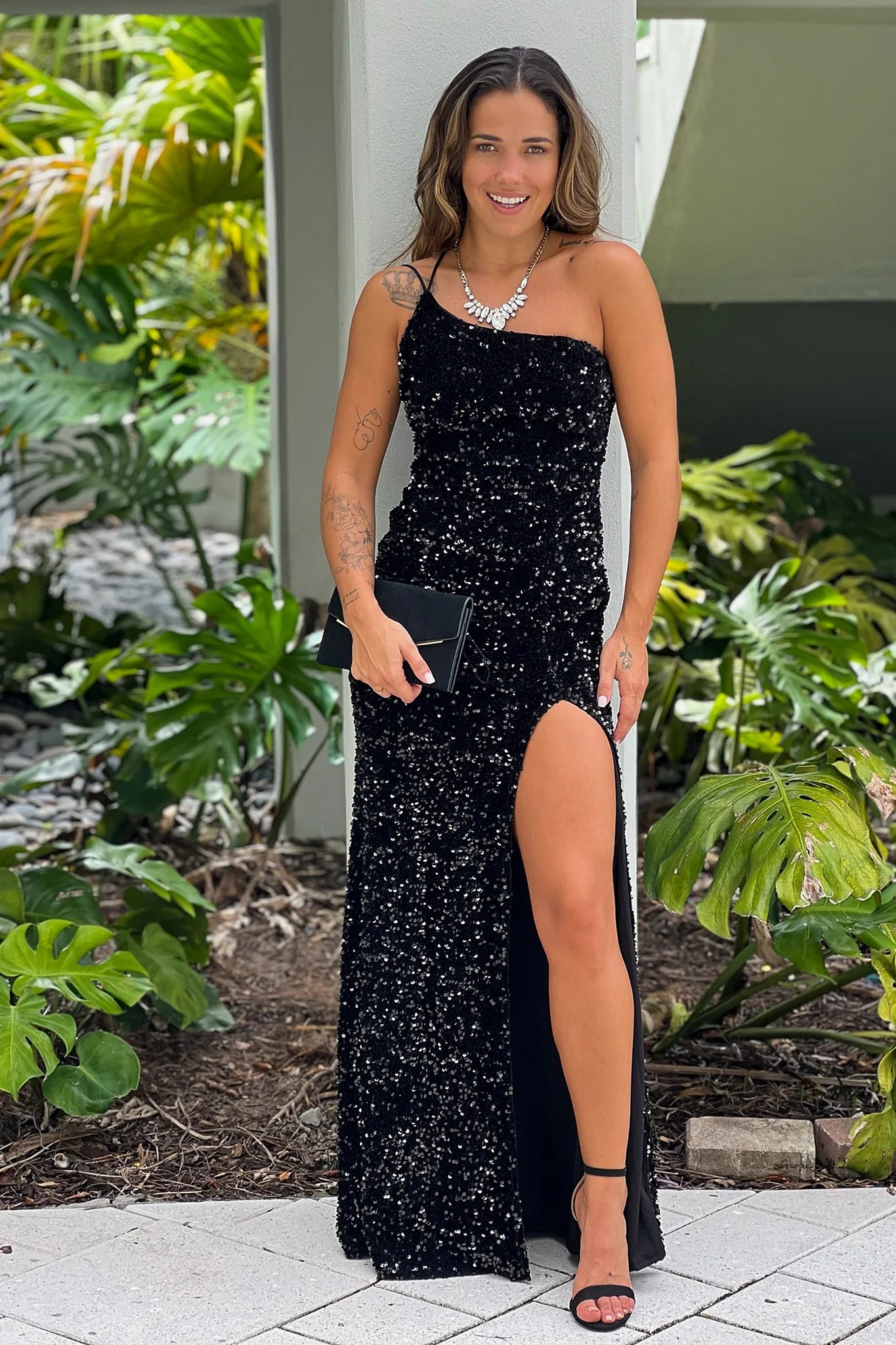 Black Sequin One Shoulder Maxi Dress