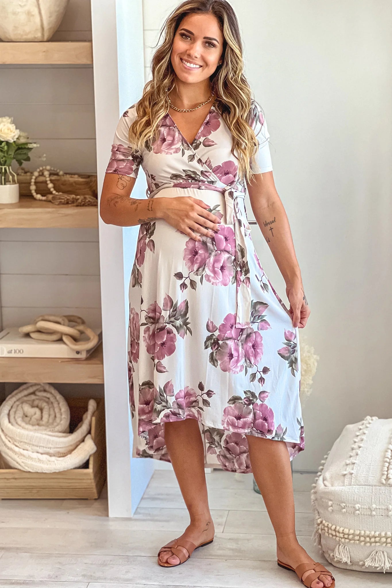 Cream Floral Maternity Midi Dress
