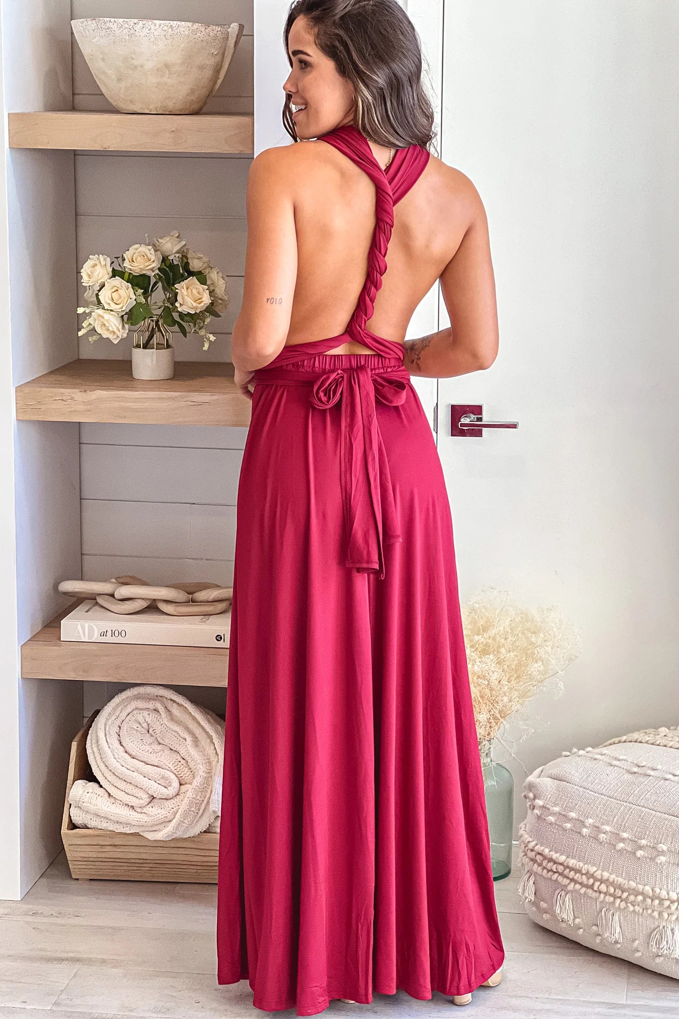 Burgundy Multi Tie Maxi Dress With Slit