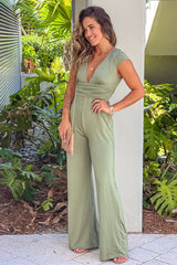Olive V Neck Jumpsuit With Short Sleeves