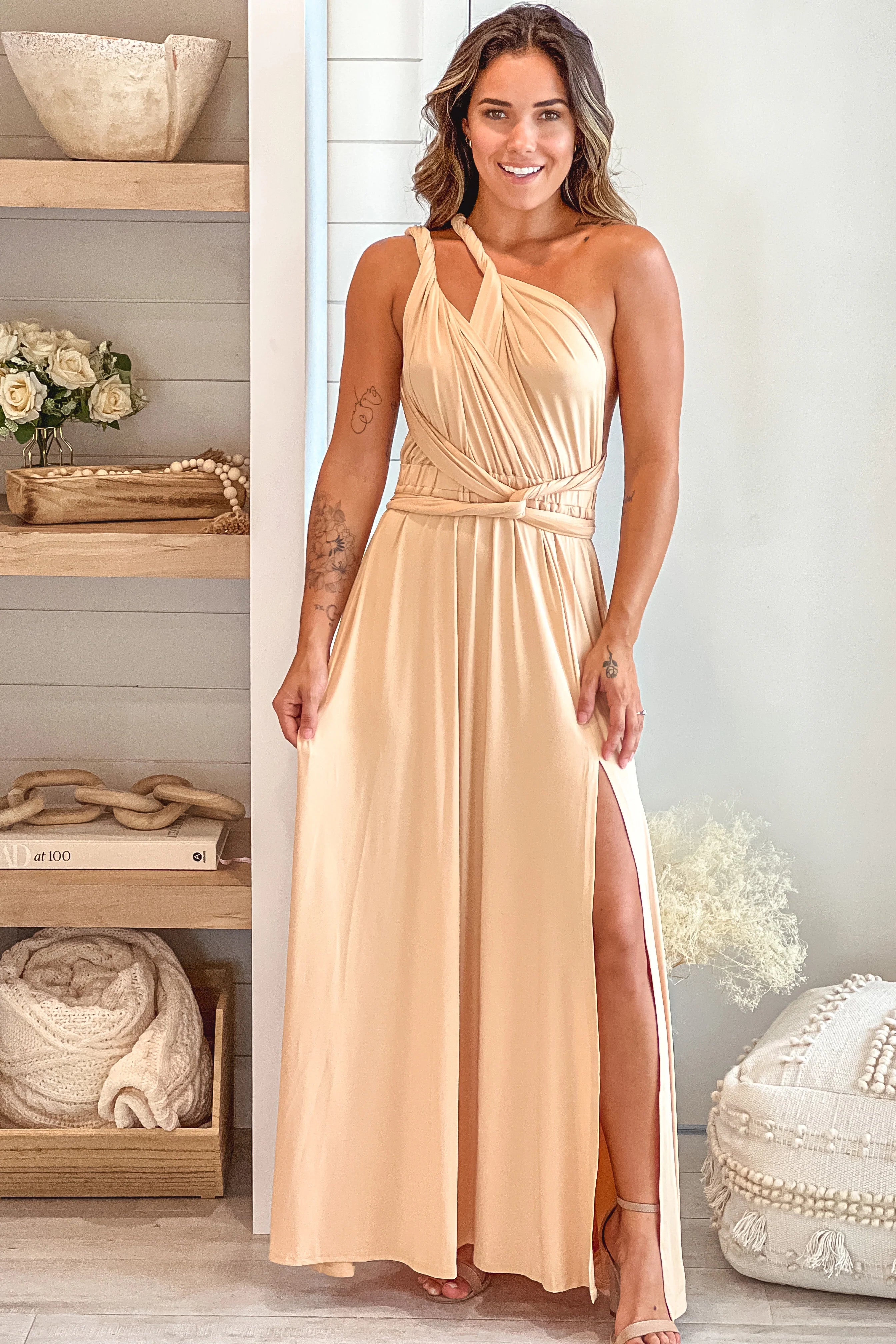 Taupe Multi Tie Maxi Dress With Slit