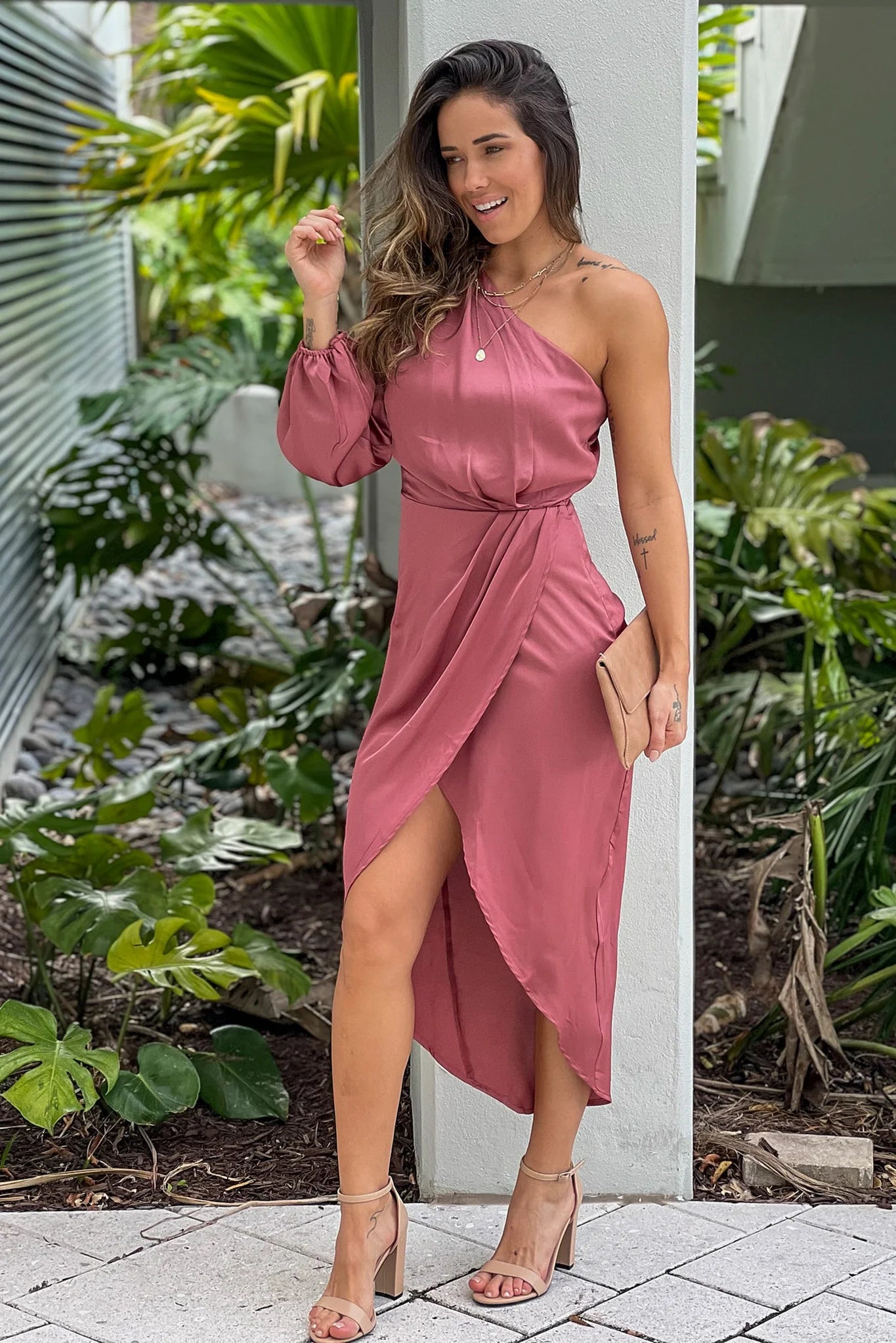 Mauve One Shoulder Satin Midi Dress
