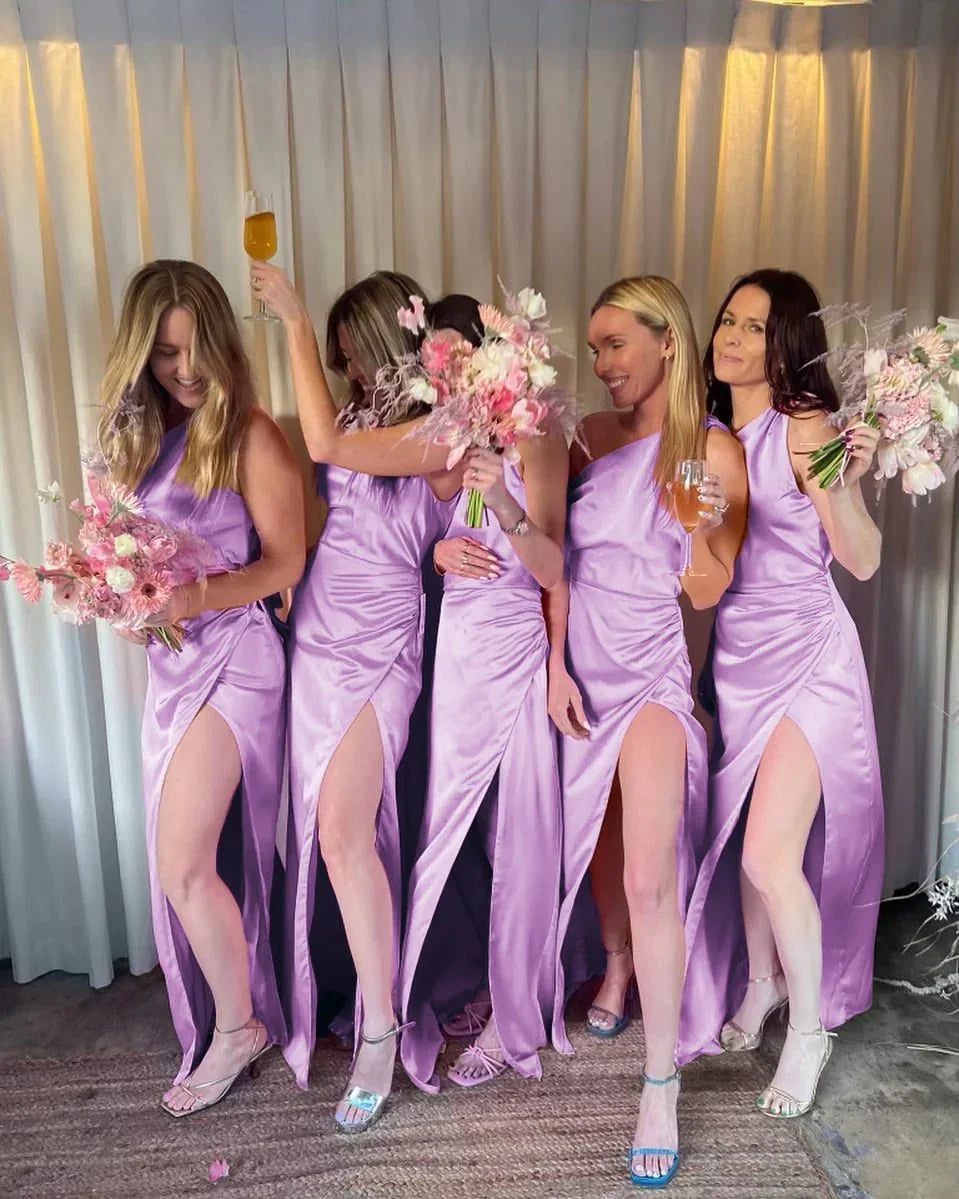 Fashion Sheath One Shoulder Pink Satin Bridesmaid Dresses
