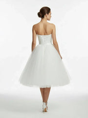 Sweetheart Empire Tea Length Tulle Wedding Dress With Lace Up Back