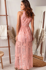Light Coral Halter Neck Lace Maxi Romper