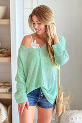 Light Mint V Neck Knit Top With Long Sleeves