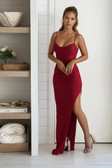 Red Glitter Pleated Slit Maxi Dress