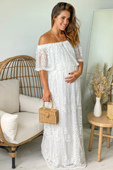 Off White Lace Off Shoulder Maternity Maxi Dress