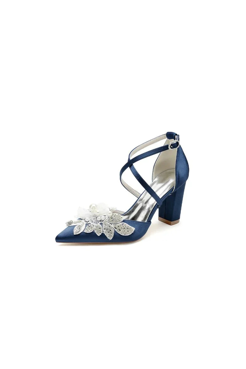 White Silk Pump with Handcrafted Flower and Crystal Embellishments