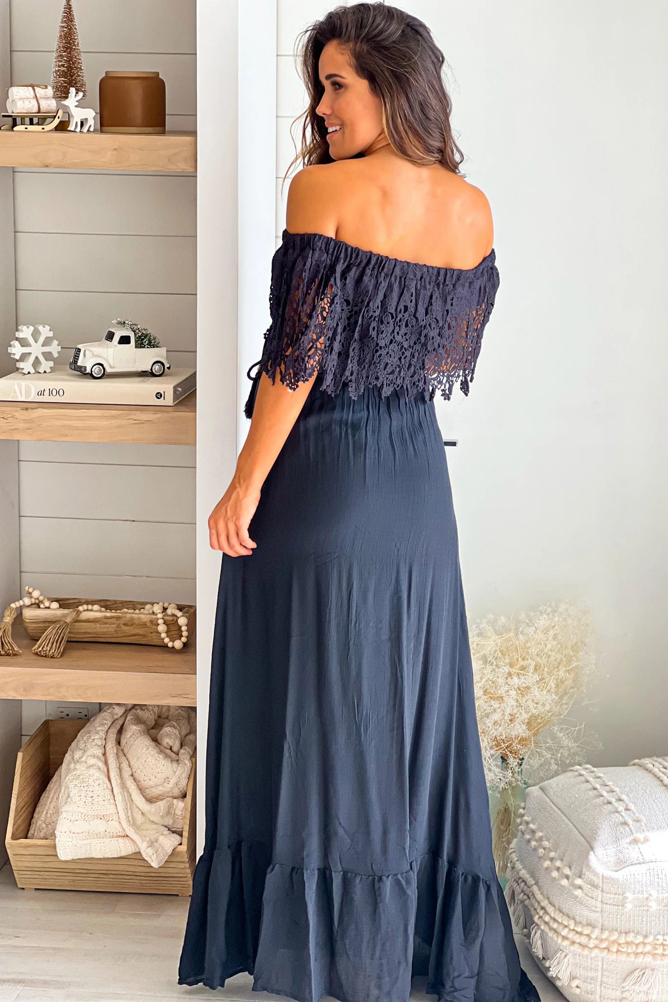 Black Maternity Maxi Dress with Lace Off Shoulder