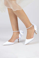 Pointed Toe Ribbons Faux Pearl Pumps