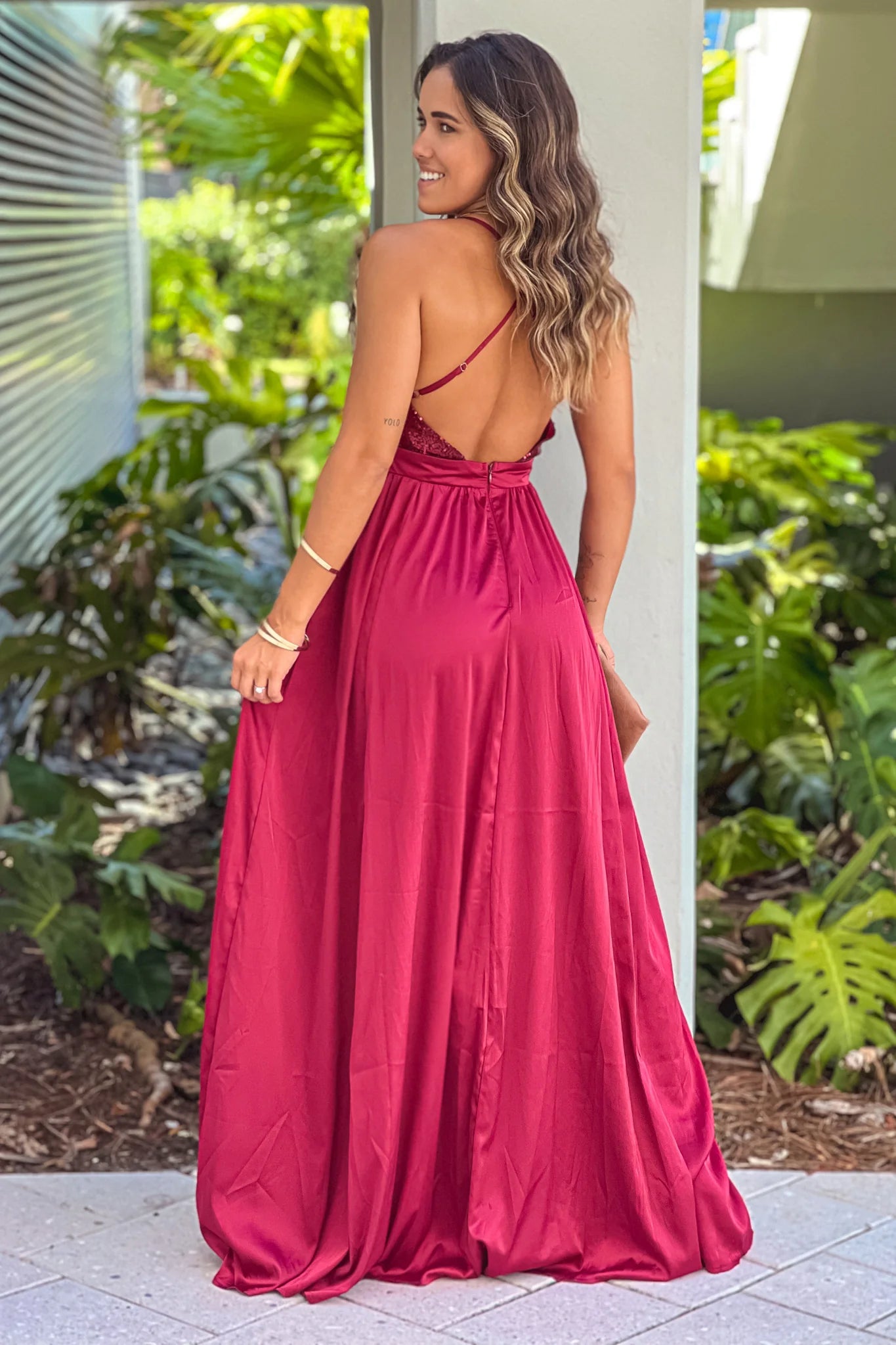 Red V Neck Sequin Top Maxi Dress