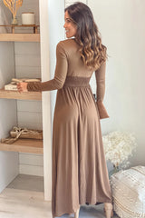 Mocha V Neck Maxi Dress With Long Sleeve And Slit