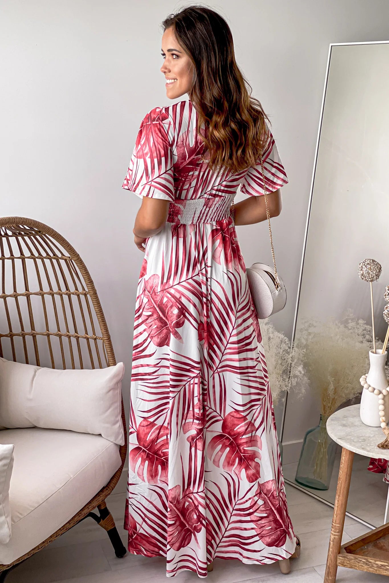 Burgundy And White Printed V Neck Maxi Dress With Slit