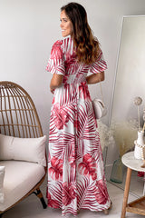 Burgundy And White Printed V Neck Maxi Dress With Slit