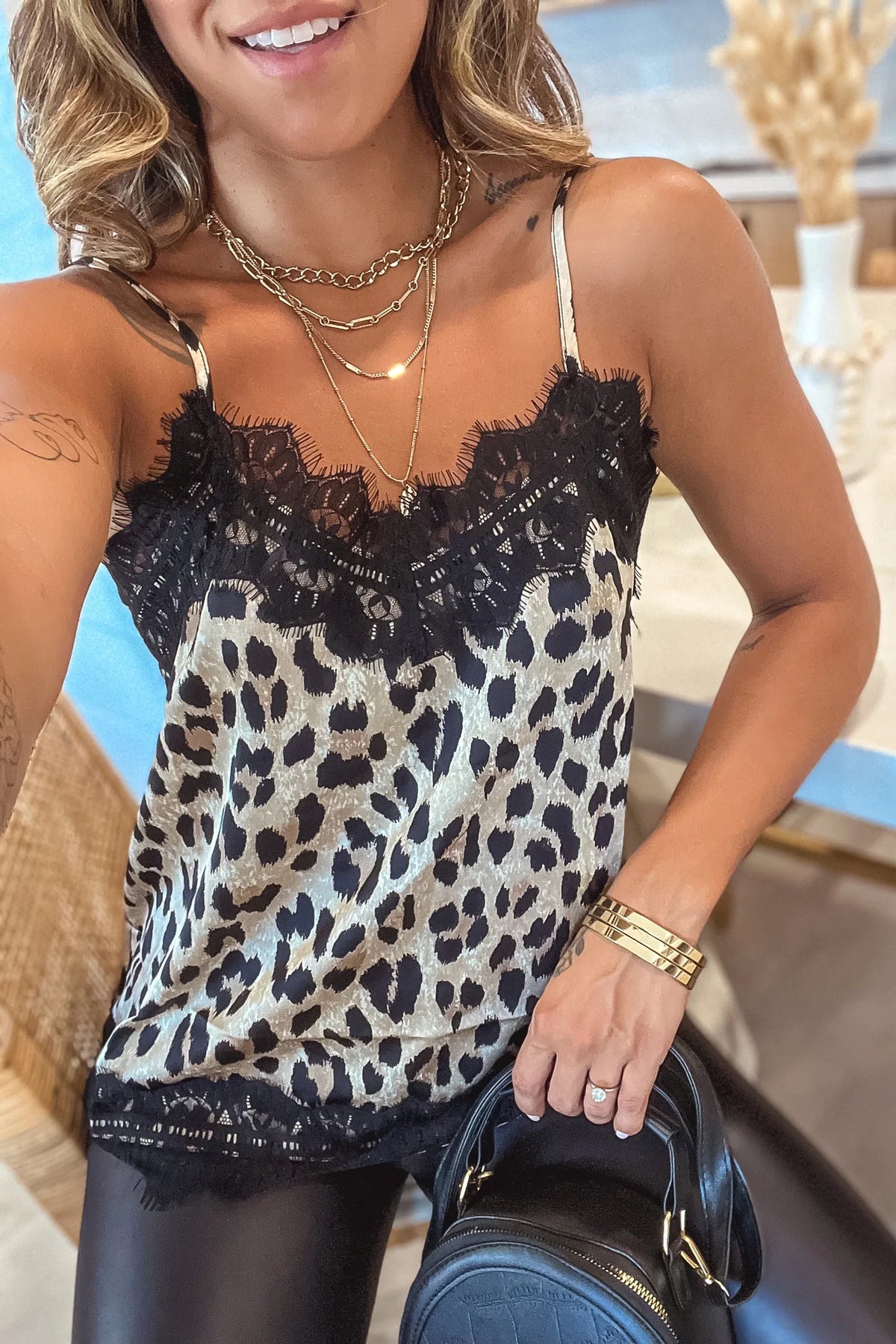 Taupe Leopard Cami Top With Lace Detail