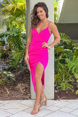 Fuchsia Ruched Side Dress With Slit